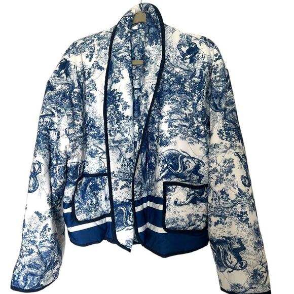 Women's Cropped Floral Quilted Open‎ Front Puffer Jacket White Blue Size Large - Picture 2 of 10